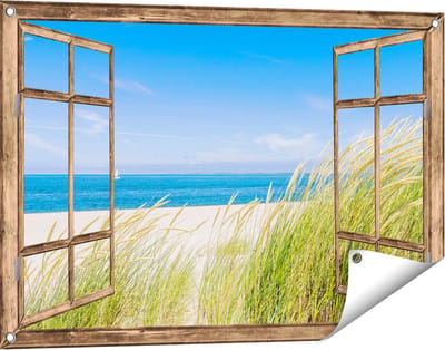 Gards Tuinposter Doorkijk Strand en Zee met een Zeilboot - 90x60 cm - Tuindoek - Tuindecoratie - Wanddecoratie buiten - Tuinschilderij