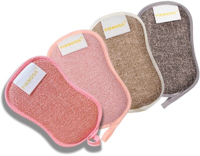 Fienosa Ecologische Schuurspons 4 stuks - Anti-bacterieel - Schuursponzen - Schuursponsjes - Schoonmaak - Dubbelzijdig - Herbruikbare schuurspons - Wasbare schuurspons - Ecologisch en milieu bewust - Microfiber