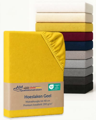 AM Qualitätsmatratzen Premium hoeslaken 80 x 200 cm (200gsm) in Geel - Made in Germany - OEKO TEX gecertificeerd topper hoeslaken - Jersey hoeslaken - Fitted Sheets