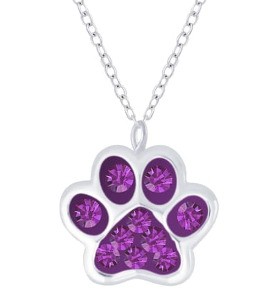 Joy|S - Zilveren kat hond dierenpoot hanger met ketting 36 cm + 5 cm - paars kristal - poot afdruk