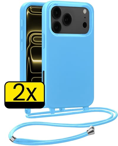 Hoesje Geschikt voor iPhone 17 Pro Hoesje Met Koord Siliconen Case - Hoes Geschikt voor iPhone 17 Pro Backcover Met Afneembaar Koord - Lichtblauw - 2 Stuks