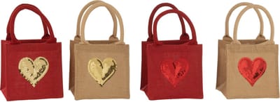J-Line zak Hart Pailletten - jute - naturel/rood - 4 stuks