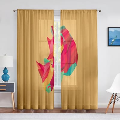 Schattige Berenhoofd Groene Tule Gordijnen Driehoek Geometrie Dieren Thema Doorzichtig Voile Gordijnen voor Slaapkamer Woonkamer Keuken Decor 1 PCS W100XH250cm&Grommet Top