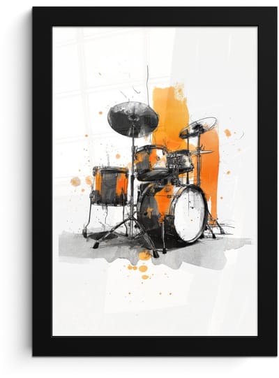 Poster in lijst - Fotolijst 20x30 cm - Posters - Drumstel - Oranje - Zwart - Aquarelverf - Posterlijst zwart - Decoratie - Wanddecoratie woonkamer - Muurdecoratie slaapkamer