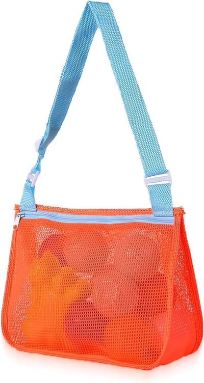 Thijox - Strandtas netstof met binnenzak, waterdicht, oranje met blauwe banden, 25x20 cm, ideaal voor kinderen, strand, zwembad, camping, opvouwbaar,