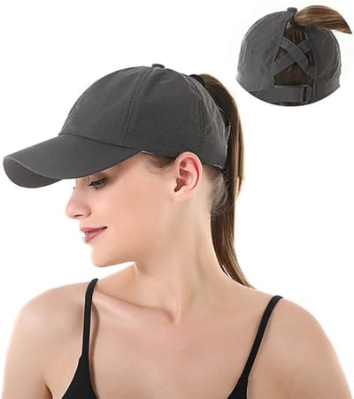 Zonnehoed voor dames - Dames Baseballpet Paardenstaart - Zomer Sneldrogende Hoed - Ademend Mesh - Kruishoed - Zonnehoed voor Buitensporten - Klittenband Verstelbare Hoofdomtrek - One Size - Donkergrijs