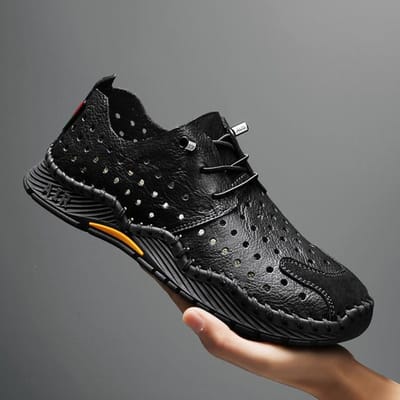 Chaussures décontractées en cuir de haute qualité pour hommes, baskets de marche respirantes et ajourées pour hommes, mocassins d'été faits à la main, chaussures de conduite souples 44 noir