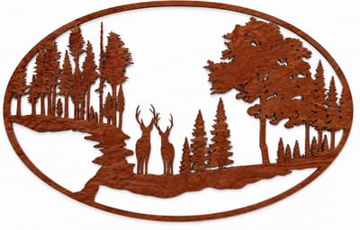 Houten wanddecoratie - Wooden wall decoration | Hert in bos (ovaal) 40 x 65cm Deer in forest (oval) | Donker hout - Dark wood | Muurdecoratie - Wall art - Wandfiguur - Echt Hout - Real Wood - Natuur - Wild - Ardennen