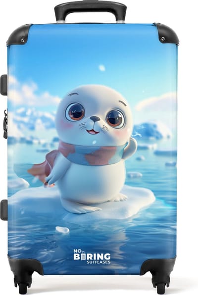 NoBoringSuitcases.com® - Kinderkoffer - Kindertrolley - Witte zeehond met sjaal op een ijsschots - Koffer kinderen groot - Rolkoffer lichtgewicht - Reiskoffer met 4 wielen - Grote trolley XL - 20 kg bagage