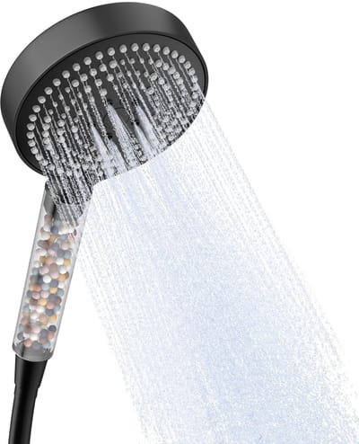 Dailygoods - OFFO gefilterde douchekop, 6 straalsoorten, Groot, Waterbesparend, Met 1.6m slang, Helder handvat met Zwart deksel, Mat Zwart