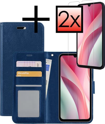 Hoesje - Met 2x Screenprotector - Geschikt voor Samsung Galaxy A15 - Luxe Pasjeshouder - Bookcase Portemonee - Flip Case - Kunstleer Book Case - Flipcase Hoes - Book Cover - Walletcase - Portemonneehoes - Donkerblauw