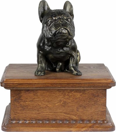 Persoonlijke urn voor Franse Bulldog met beeldje en houten afwerking