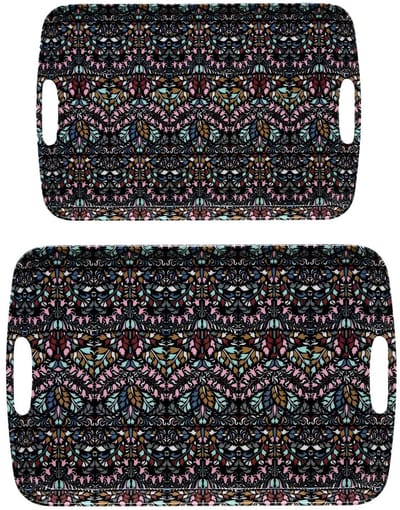5Five Design dienbladen van melamine - 2x stuks - in 2 maten - flowers print antraciet