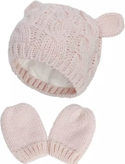 IL BAMBINI - Set Baby gebreide muts (katoenen voering) en wanten - Roze - 0-3 maanden - Newborn