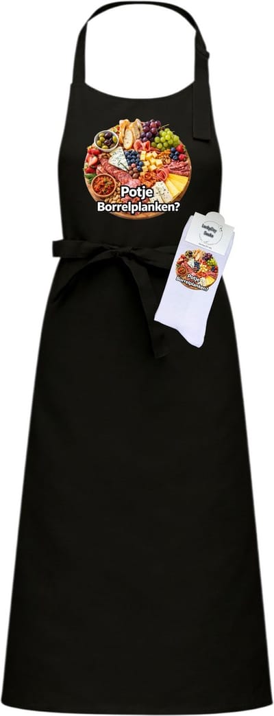 Luxe Hobby Keukenschort en sokken met tekst - Cadeau set - Borrelplanken - Pensioen cadeau - Zwart - Verstelbaar - Cadeau idee - Verjaardag cadeau - Cadeau dames en heren - Moederdag - Vaderdag - Afscheid - Kerst cadeau - Grappig cadeau - Onesize
