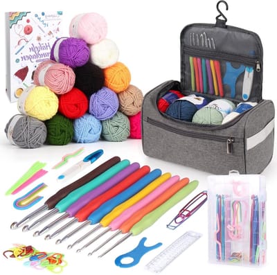 Complete Haakset voor Beginners met 15 Bollen Wol, Ergonomische Haaknaalden en Accessoires, Ideaal voor Creatieve Projecten en Handwerken in Lichtgrijs