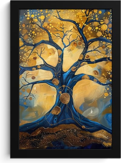 Poster in lijst - Fotolijst 20x30 cm - Posters - Boom - Levensboom - Blauw - Goud - Posterlijst zwart - Decoratie - Wanddecoratie woonkamer - Muurdecoratie slaapkamer