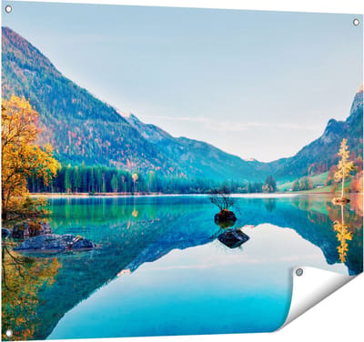 Gards Tuinposter Meer met Herfstbomen - 100x80 cm - Tuindoek - Tuindecoratie - Wanddecoratie buiten - Tuinschilderij