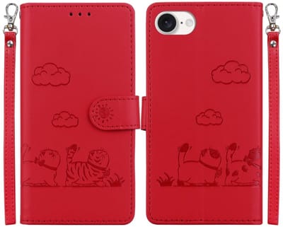 BookCover Hoes Etui geschikt voor Apple iPhone 16e - iPhone 17e - Rood - Cartoon Cats - Kat - Reliëf