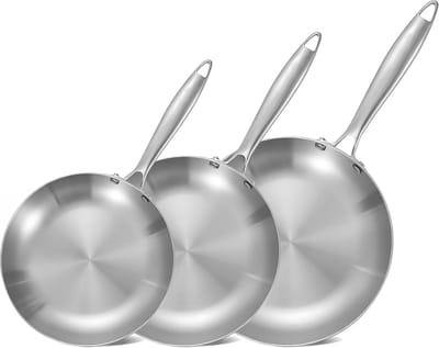 Koekenpannen Set - Roerbakpannen Kookgerei - Dagelijks Koken - Tri-Ply Roestvrij Staal - 8.5 10 12 Inch - Zilver