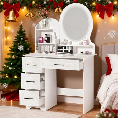 Kaptafel met LED Verlichting en Spiegel - Make-up Tafel met Opbergruimte