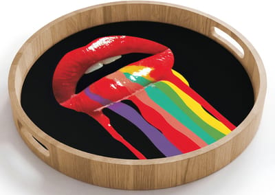Dienblad rond 40x40 cm - Schootdienblad hout - Lippen - Kleuren - Zwart - Borrelplank rechthoek - Plateau houten dienbladen