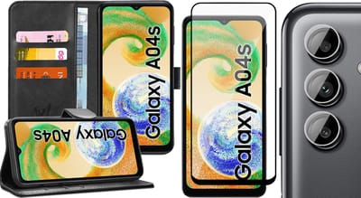 Hoesje geschikt voor Samsung Galaxy A04s / A13 5G - Screenprotector FullGuard & Camera Lens Screen Protector - Book Case Kunstleer Pasjeshouder Zwart