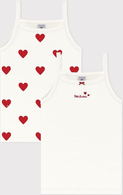 Petit Bateau Set van 2 katoenen meisjeshemdjes met bandjes en hartjes