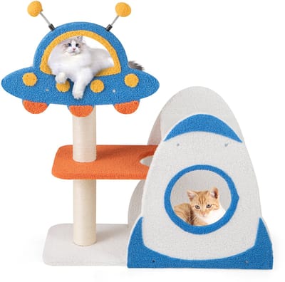 COSTWAY Krabpaal klein, ruimtethema, kattenboom met UFO-platform, speelgoed, sisal-krabzuilen en raketkattenhuis, kattenkrabpaal, kattenmeubel, klimboom, blauw