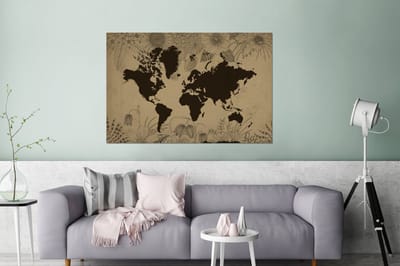 Aluminium schilderij 120x80 cm - Wanddecoratie metaal - Wereldkaart - Vintage - Zwart - Metalen muurdecoratie woonkamer - Decoratie industrieel - Foto op dibond - Industriële accessoires slaapkamer