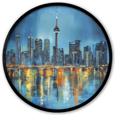 Poster in lijst Rond - Fotolijst 40x40 cm - Posters - Skyline Toronto - Water - Stadslichten - Toren - Ronde posterlijst zwart - Decoratie - Wanddecoratie woonkamer - Muurdecoratie slaapkamer