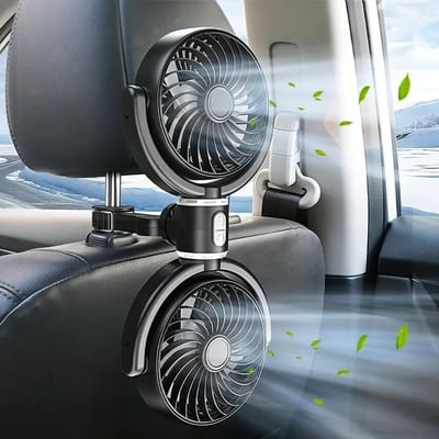KZQ Autoventilator Achterbank USB 2 Koppen, Verstelbare Koelventilator met 3 Snelheden en 360 Graden Draaibaar, Geschikt voor Auto Vrachtwagen en Camper