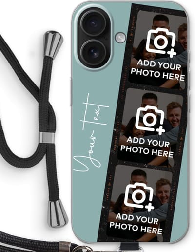 Gepersonaliseerd - Case Company® - Hoesje met koord geschikt voor iPhone 16 hoesje met Koord - Filmrol N°1 - Telefoonhoesje met Zwart Koord - Bescherming aan alle Kanten en Over de Schermrand