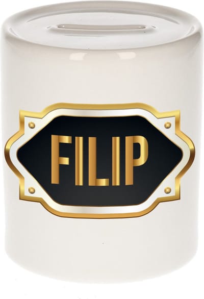 Spaarpot met voornaam Filip - wit - met goud/zwart embleem - 8 x 9 cm - keramiek - met afsluitdop - cadeau verjaardag