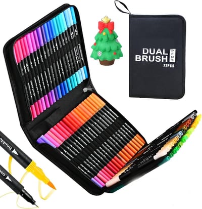 KZQ 72 kleuren dubbele stift markers - Fijne punt en penseelpunt - Kunstmarkers voor volwassenen en studenten - Geschikt voor kleurboeken en tekenen - Complete set voor creatief werk
