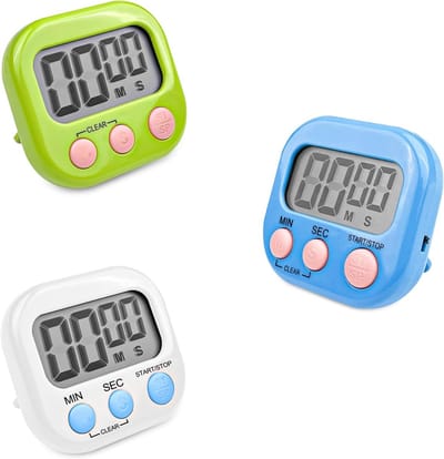 Verpakking van 3 digitale eiertimers met magnetische basis en opklapbaar standaard, groot LCD-scherm, wit, blauw, groen