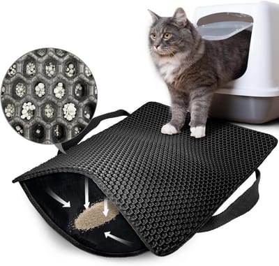 Famanu – Kattenbakmat - 61 x 38 cm honingraat dubbellaags antislip kattenbakmat - waterdicht en urinebestendig - kattenmat voor litercatcher - kattenbakmat - kattenbakcontrole [zwart]