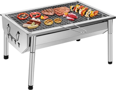 Ploutos® Tafel Bbq Houtskool - Luxe Houtskool BBQ - Duurzaam Roestvrij Staal- Zilver - 28cm x 40cm x 22cm
