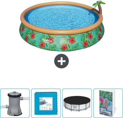 Bestway Rond Opblaasbaar Fast Set Zwembad - Paradijsprint - 457 x 84 cm - Inclusief Pomp Vloertegels - Afdekzeil - Zwembadgids