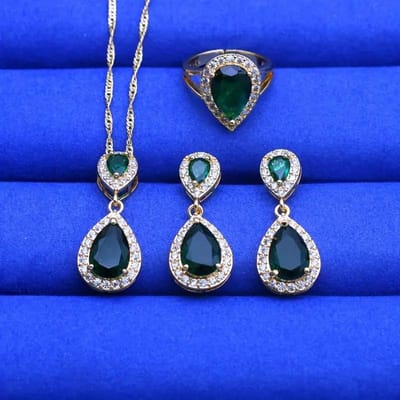 Vintage Sieradenset Voor Dames Groene Waterdruppel Zirkonia Verguld Bevat Armband, Oorbellen, Hanger Verstelbare Ring resizable blue