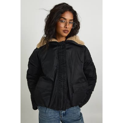 boohoo Dames Borg Gevoerde Bomber | Black | Maat: 8