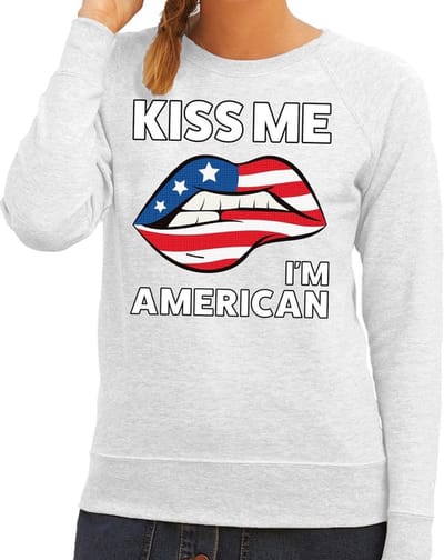 Kiss me I am American sweater grijs dames - feest trui dames - USA kleding XS