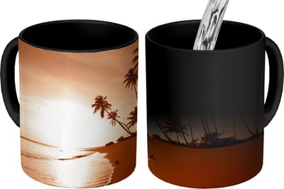 Magische Mok - Foto op Warmte Mokken - Koffiemok - Zonsondergang - Tropisch - Palmboom - Strand - Zee - Magic Mok - Beker - 350 ML - Theemok