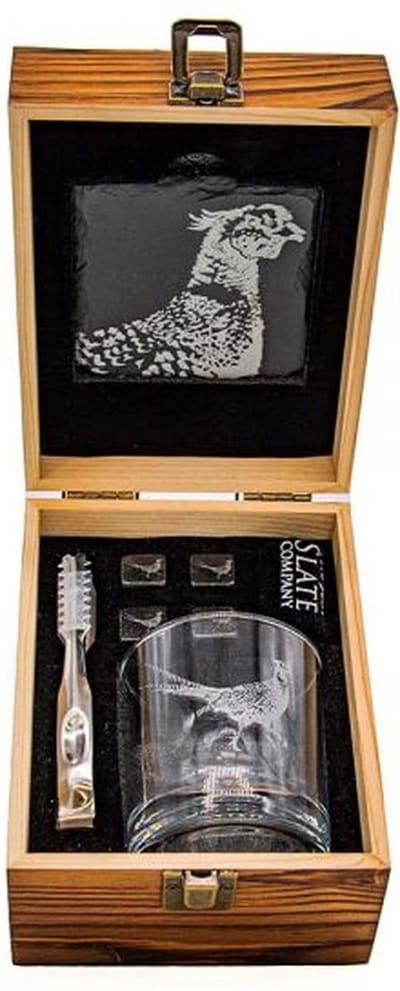 Geschenkset Fazant met Gegraveerd Whiskyglas Whiskystenen en Onderzetter - Just Slate Company Scotland