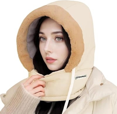 Warme bivakmuts voor dames, dikke zachte balaclava met trekkoord, 3-in-1 skimuts met nekwarmer - 100% polyacryl - beige
