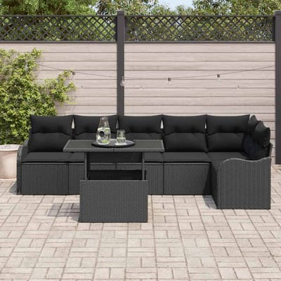 vidaXL Tuinbank Set met kussen met kussen 7 pcs Zwart Poly Riet