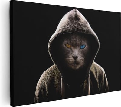 Artaza Canvas Schilderij Kat Met Hoodie - 30x20 cm - Klein - Wanddecoratie Dieren - Muurdecoratie Mancave - Schilderijen Op Canvas