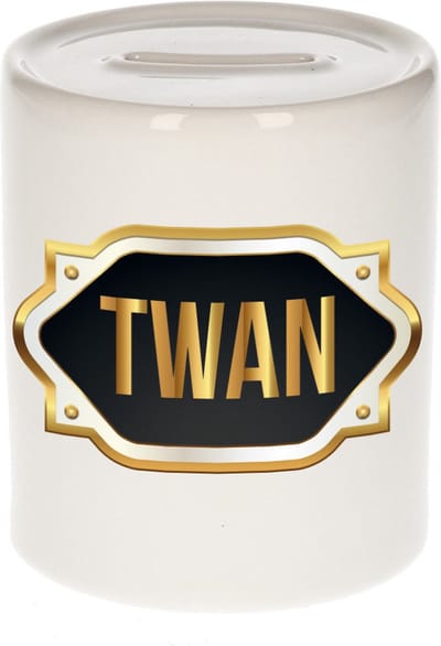 Spaarpot met voornaam Twan - wit - met goud/zwart embleem - 8 x 9 cm - keramiek - met afsluitdop - cadeau verjaardag