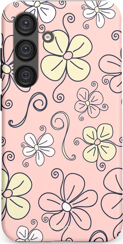 Casetastic hoesje geschikt voor Samsung Galaxy S25 - Dubbellaagse bescherming - Pastel Perzik Doodle Peach Bloemen - Fashion Case - Zand Zilver Lichtroze
