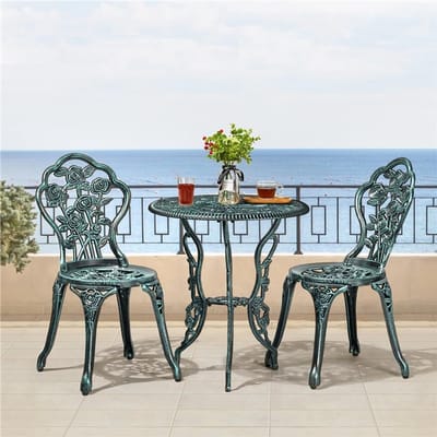 Bistroset Balkon 3-delig 60x60x68,5 cm Antiek Groen Aluminium Tuinset met 2 Stoelen en Parasolgat – Compacte Weerbestendige Tuinmeubelen – Laura